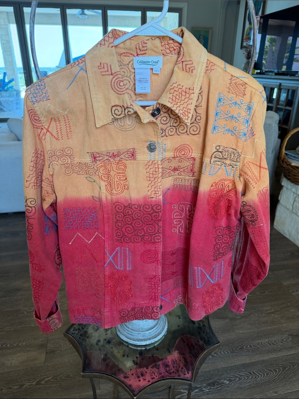 Coldwater Creek Ombre Orange to Pink Embroidered Jean Jacket